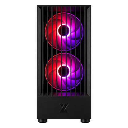 A black computer tower case with two vertically stacked RGB fans glowing in red and purple, shown against a plain white background.