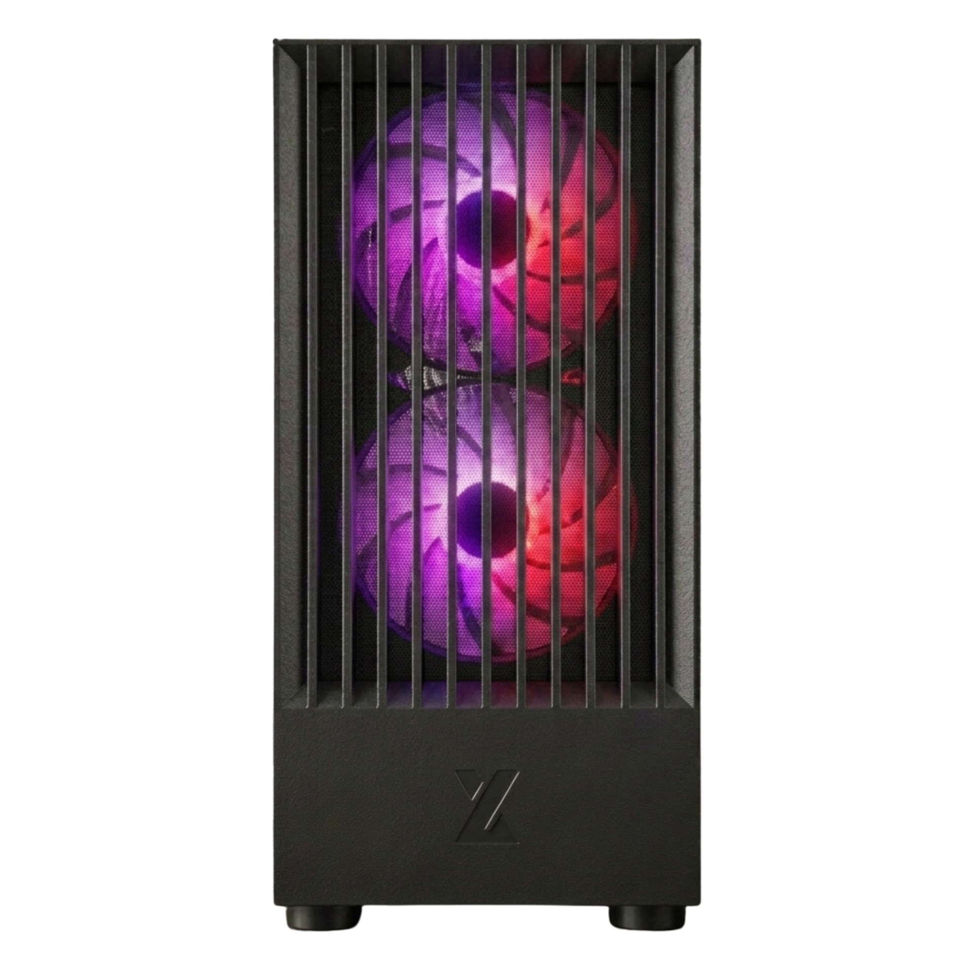 Black computer case with two RGB fans on a white background