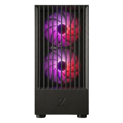 Black computer case with two RGB fans on a white background