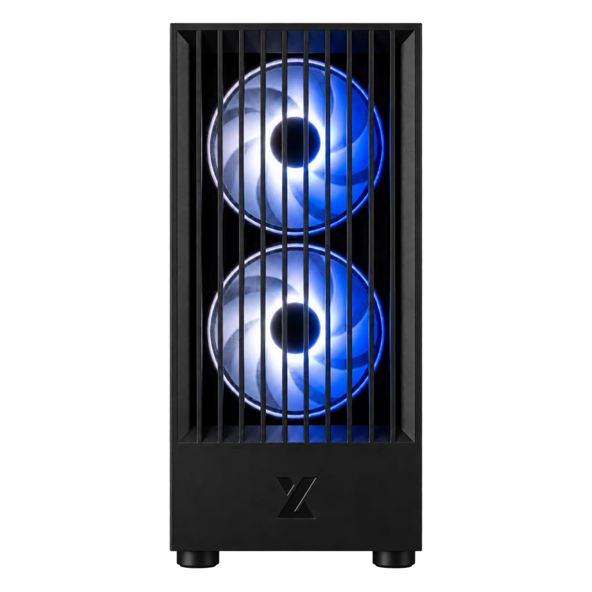 A black computer tower case with two vertically aligned fans illuminated in blue, shown against a plain white background.