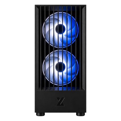 A black computer tower case with two vertically aligned fans illuminated in blue, shown against a plain white background.