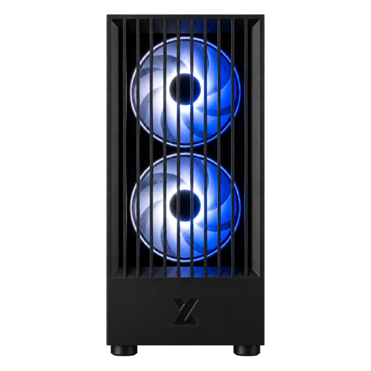 A black computer tower case with two vertically aligned fans illuminated in blue, shown against a plain white background.