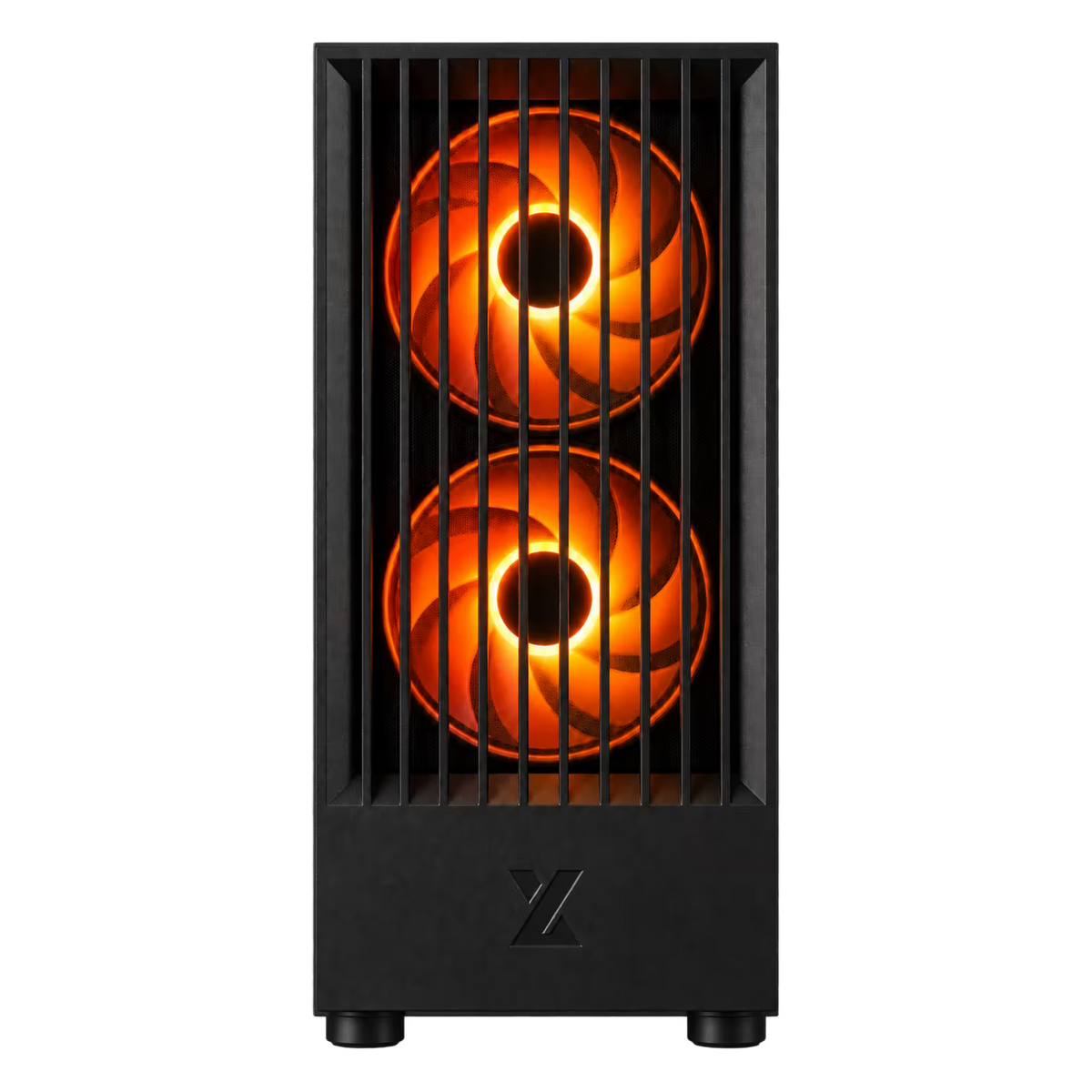 A black computer tower case with two vertically aligned illuminated orange fans behind a front grille, shown on a plain white background.