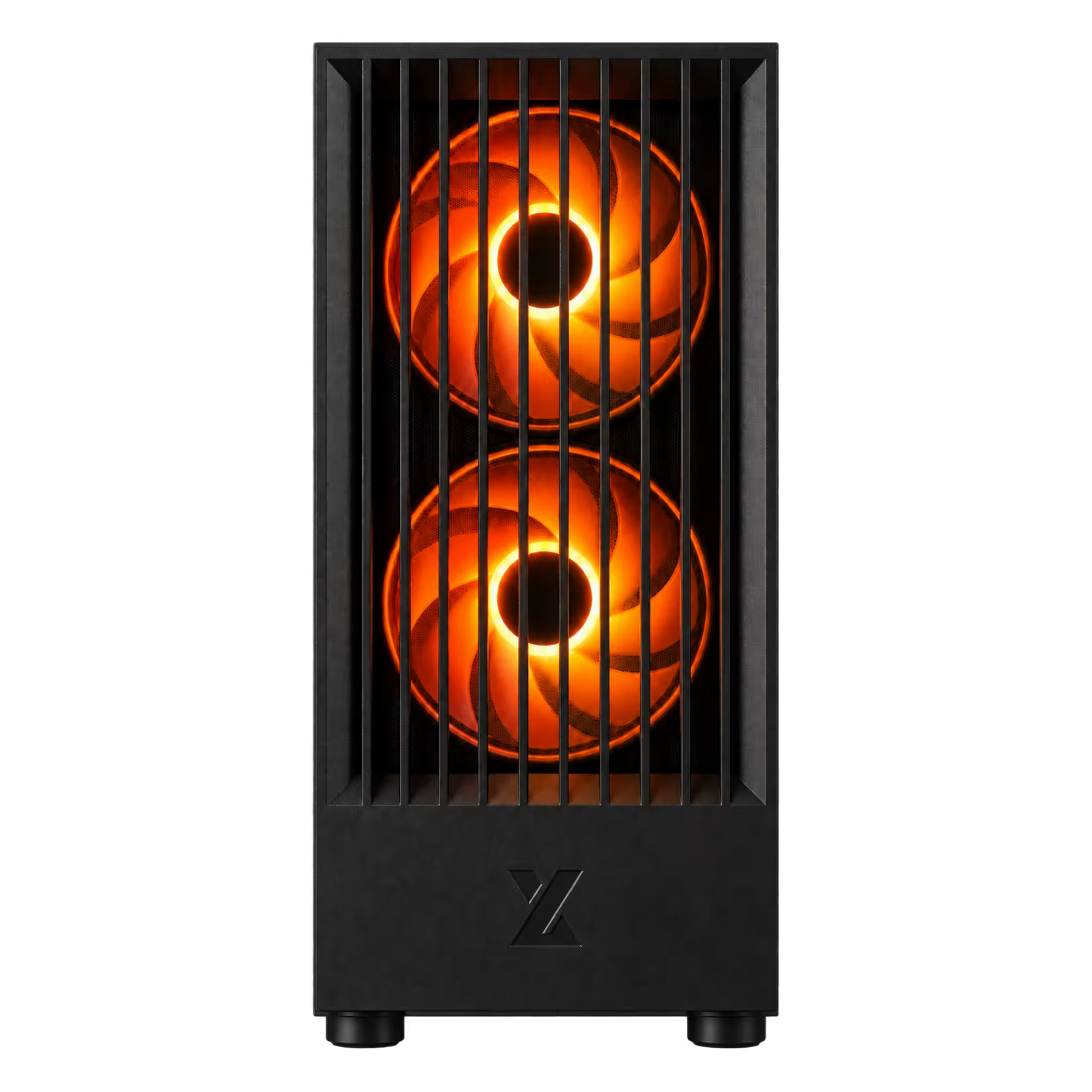 A black computer tower case with two vertically aligned illuminated orange fans behind a front grille, shown on a plain white background.