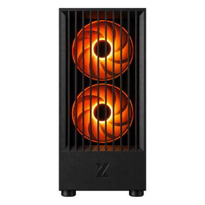 A black computer tower case with two vertically aligned illuminated orange fans behind a front grille, shown on a plain white background.