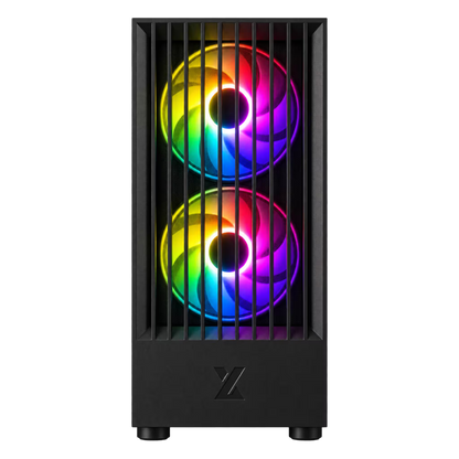 A black computer tower case with two vertically stacked RGB fans glowing with a rainbow light, shown against a plain white background.
