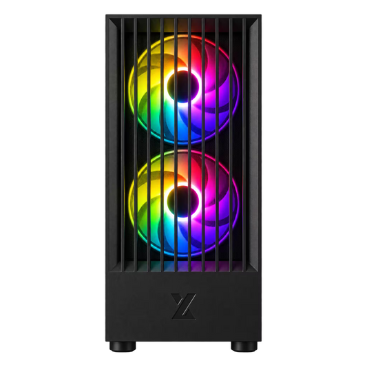 A black computer tower case with two vertically stacked RGB fans glowing with a rainbow light, shown against a plain white background.