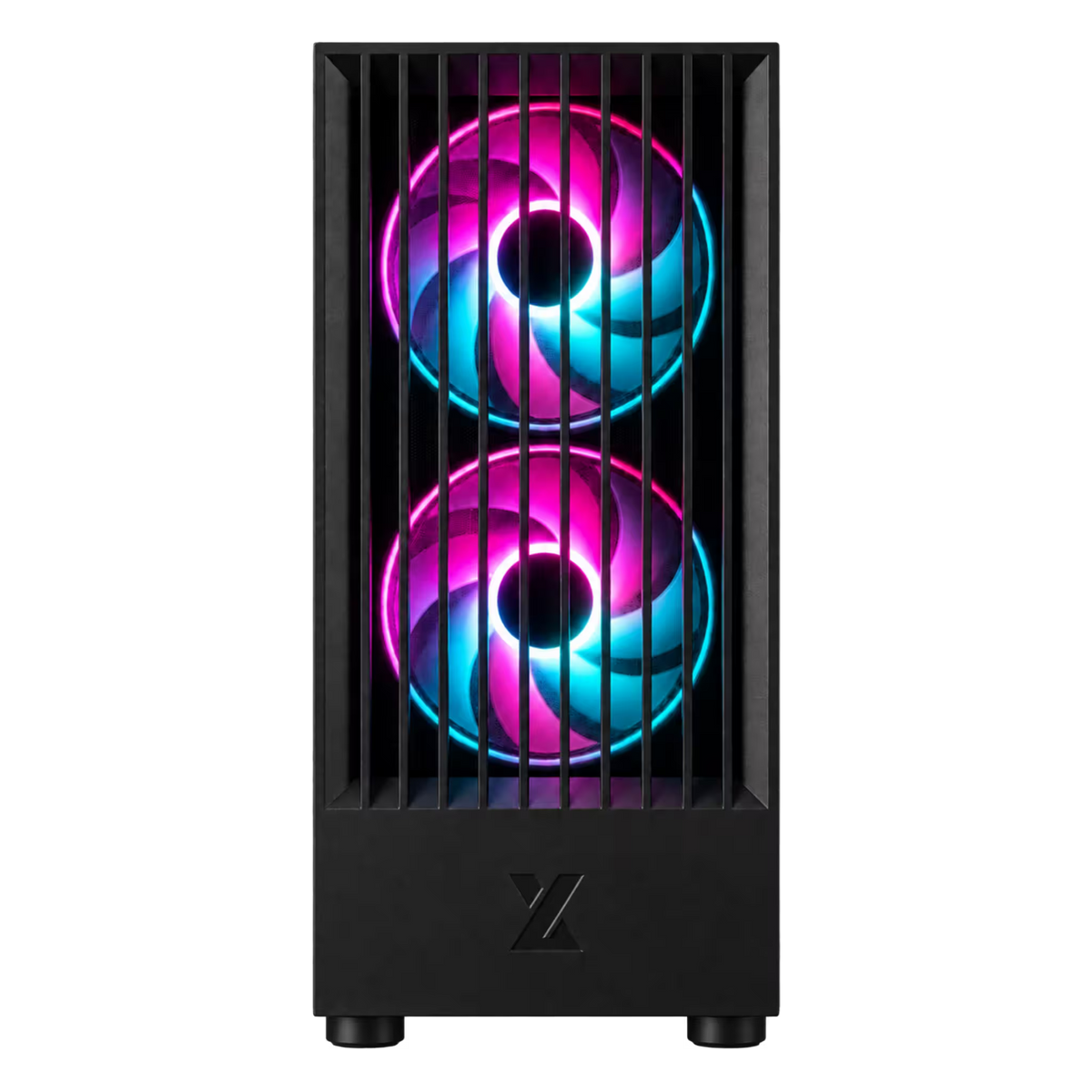 A black tower PC case with two vertically aligned RGB fans showing a vibrant pink, purple, and blue swirled light pattern, set against a plain white background.