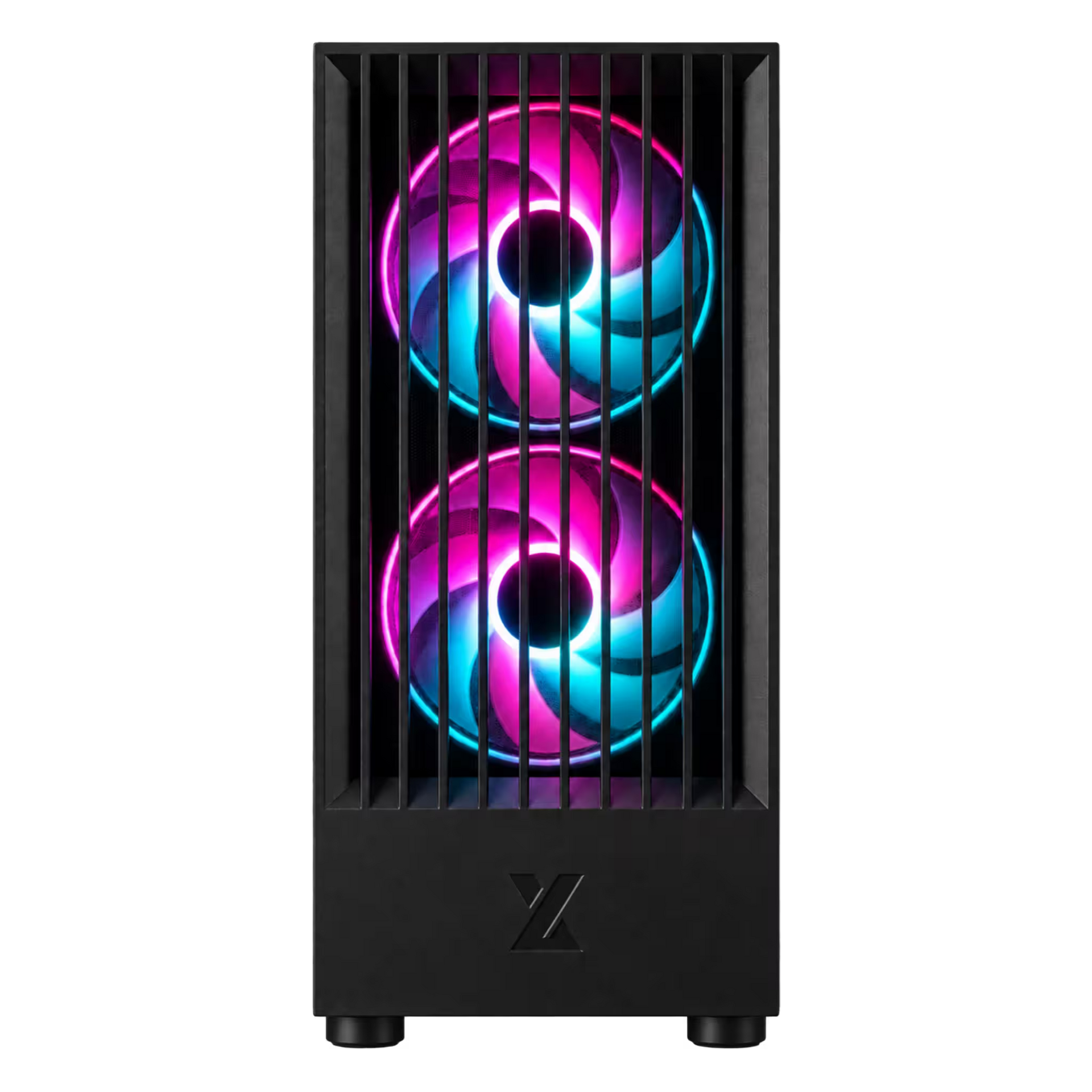 A black tower PC case with two vertically aligned RGB fans showing a vibrant pink, purple, and blue swirled light pattern, set against a plain white background.