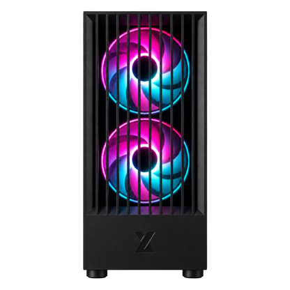 A black tower PC case with two vertically aligned RGB fans showing a vibrant pink, purple, and blue swirled light pattern, set against a plain white background.