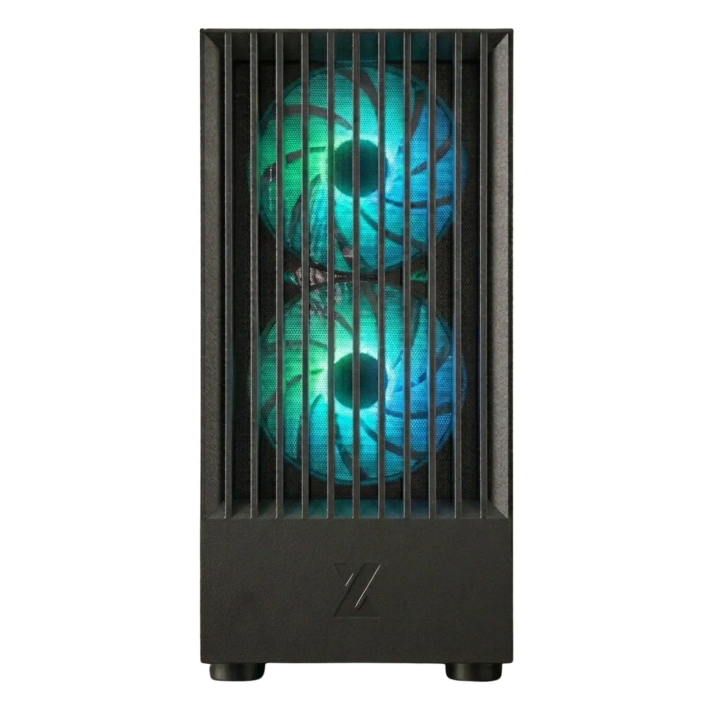 Computer case with green cooling fans on a white background