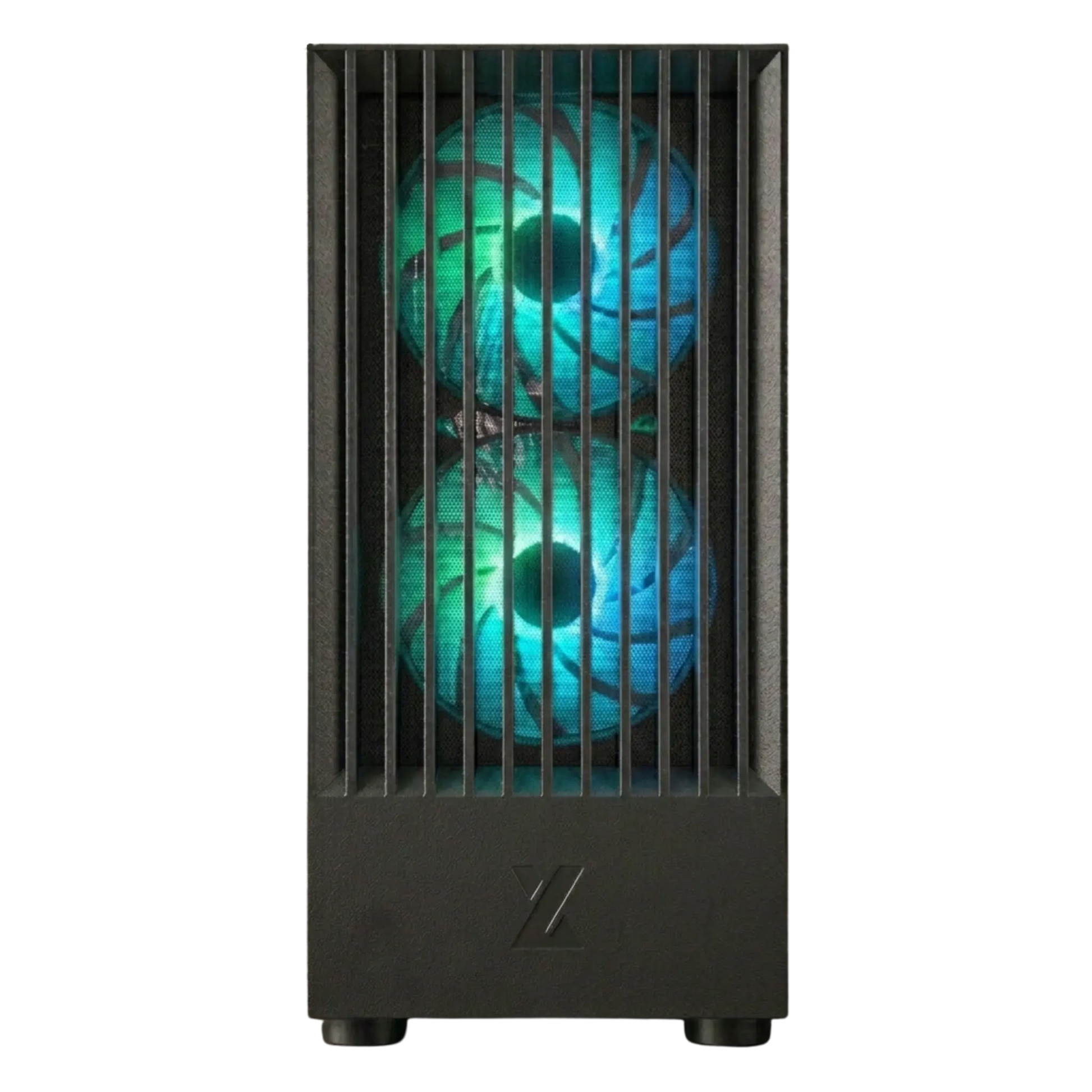 Computer case with green cooling fans on a white background