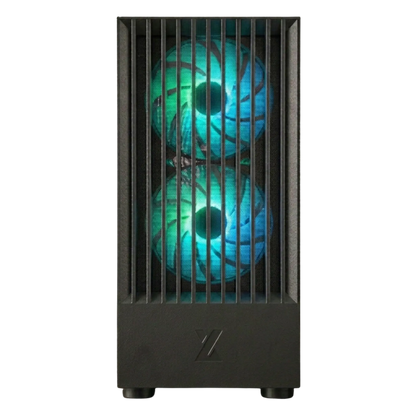 Computer case with green cooling fans on a white background