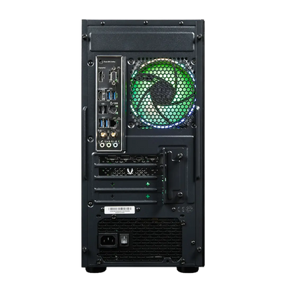 Back view of a computer case with a green cooling fan on a white background