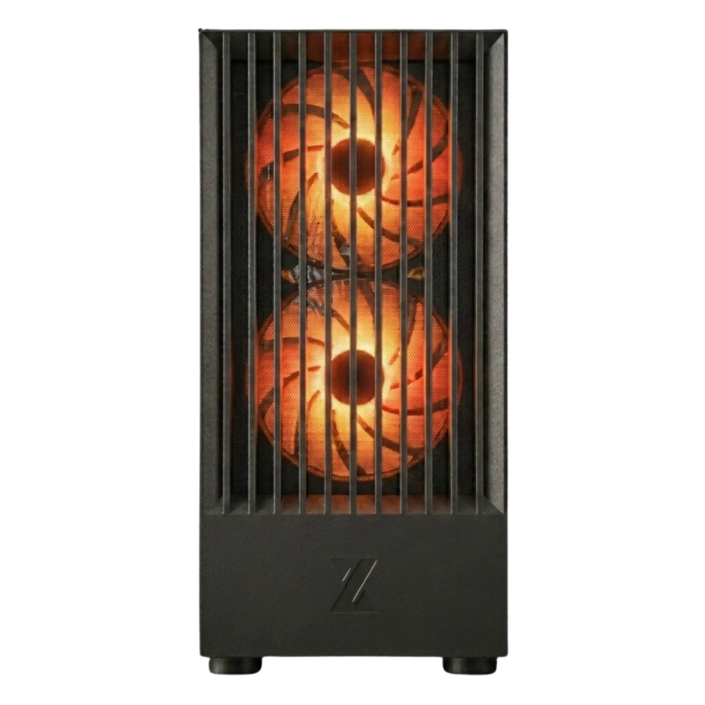 Computer case with dual cooling fans on a white background