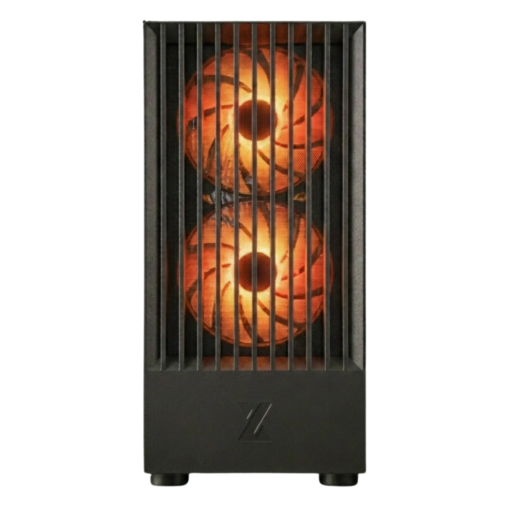 Computer case with dual cooling fans on a white background