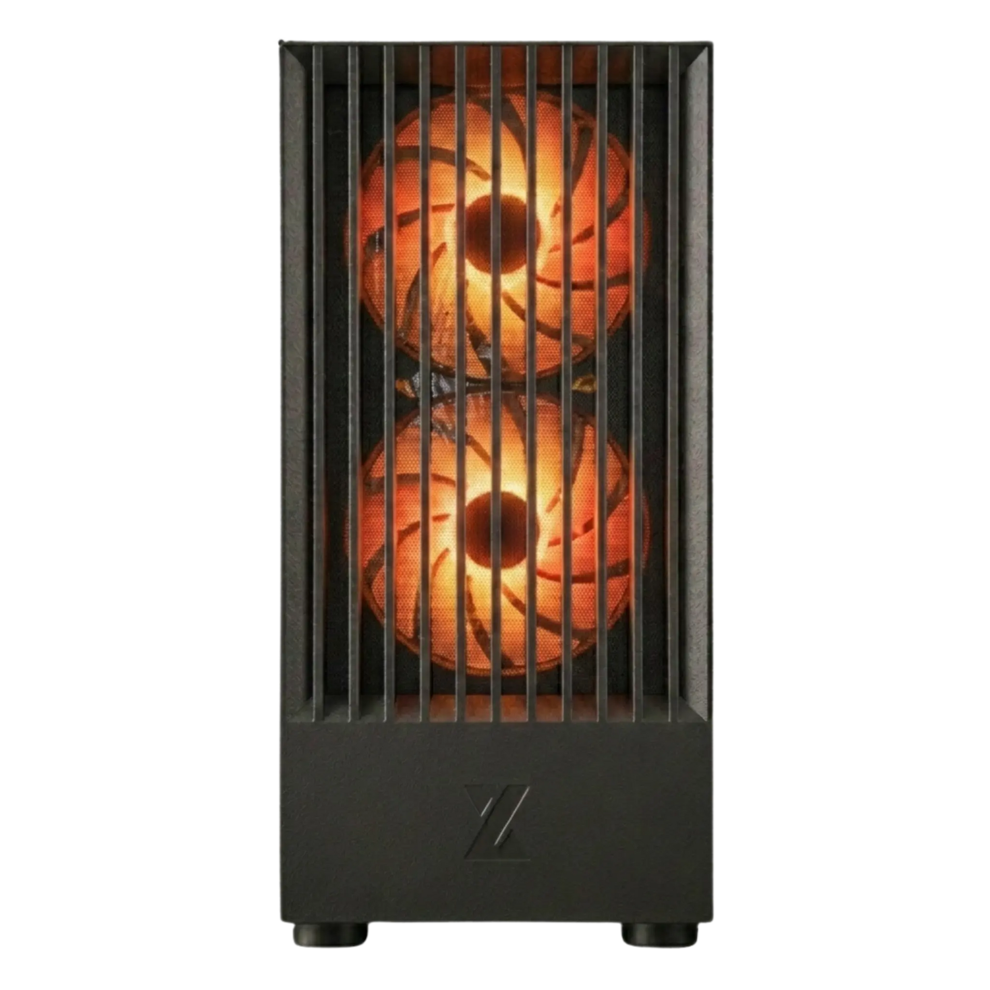 Computer case with dual cooling fans on a white background