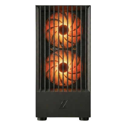 Computer case with dual cooling fans on a white background