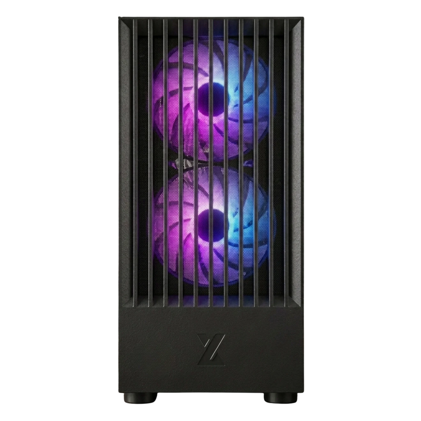 Black computer case with a purple LED fan on a white background