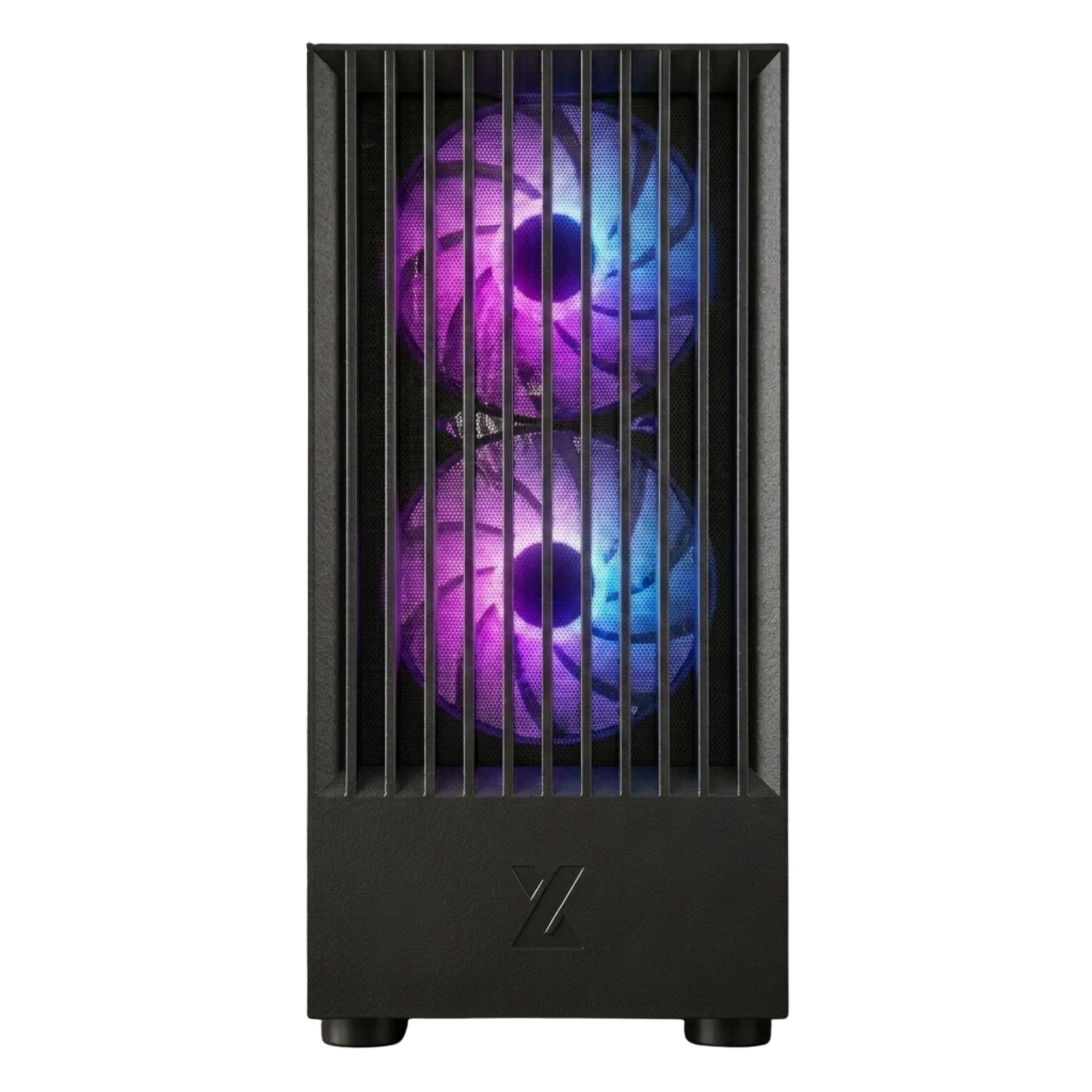 Black computer case with a purple LED fan on a white background