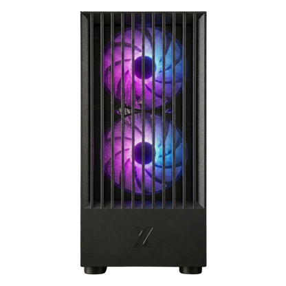 Black computer case with a purple LED fan on a white background