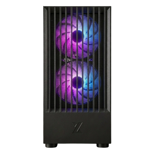 Black computer case with a purple LED fan on a white background