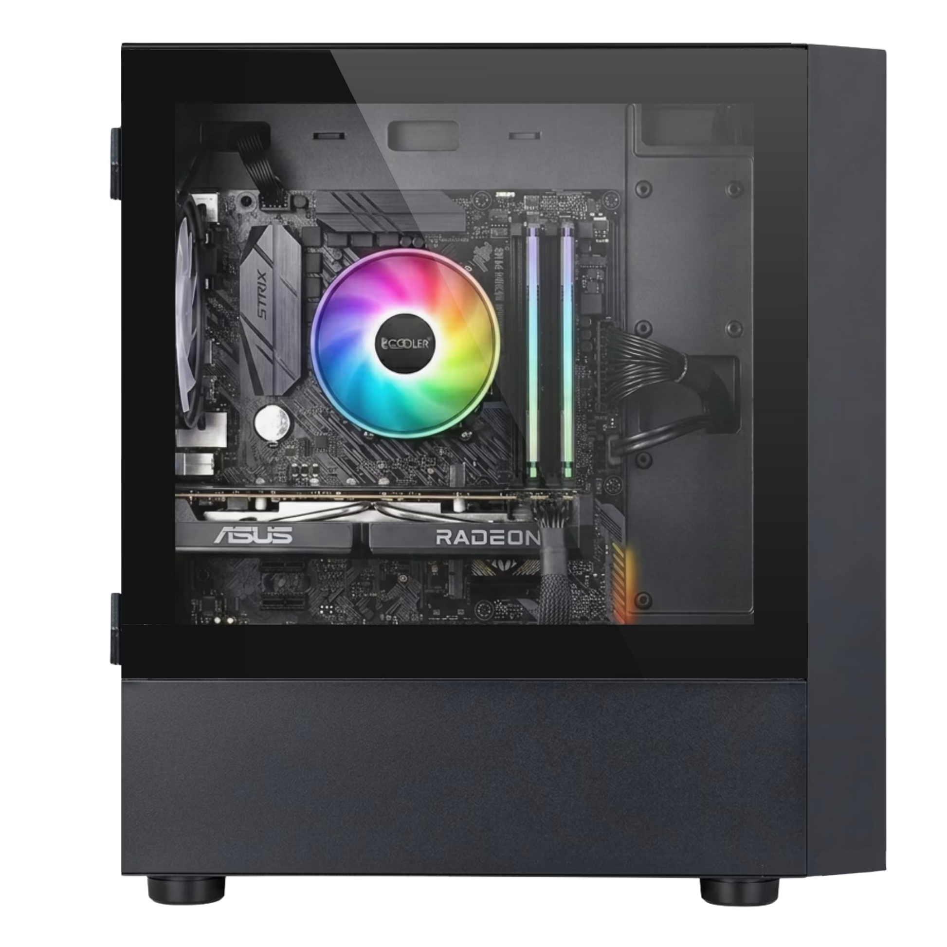 Computer motherboard with ASUS logo and RGB cooling system on a transparent background