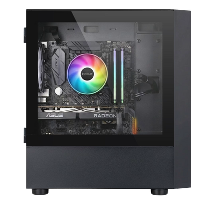 Computer motherboard with ASUS logo and RGB cooling system on a transparent background