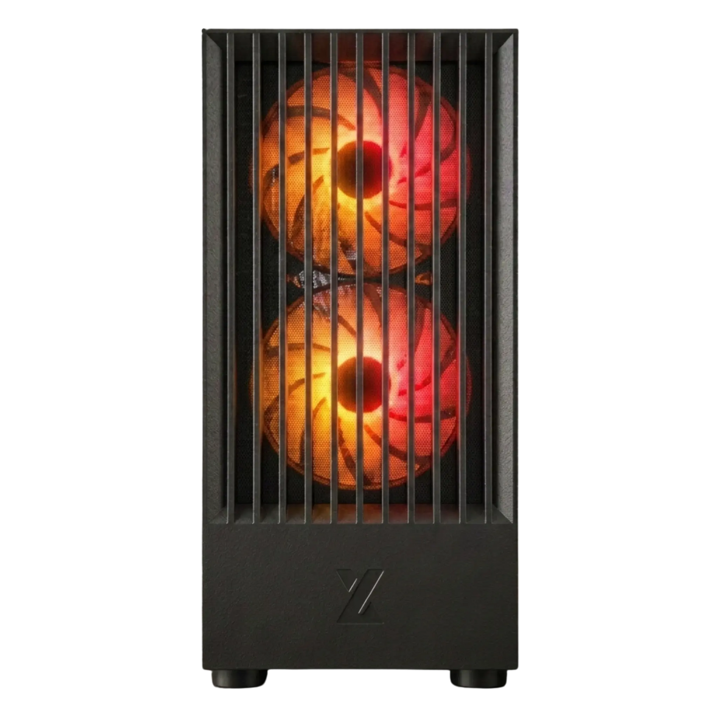 Computer case with dual cooling fans on a white background