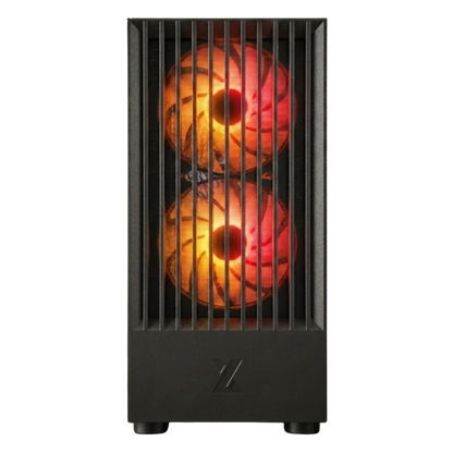 Computer case with dual cooling fans on a white background