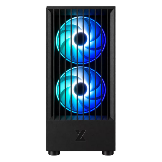 A black computer tower case with two vertically stacked RGB fans glowing in pink and purple, shown against a plain white background.