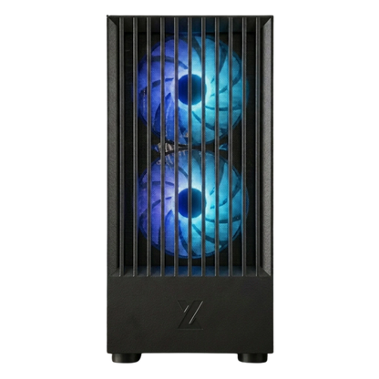 Computer case with blue cooling fans on a white background