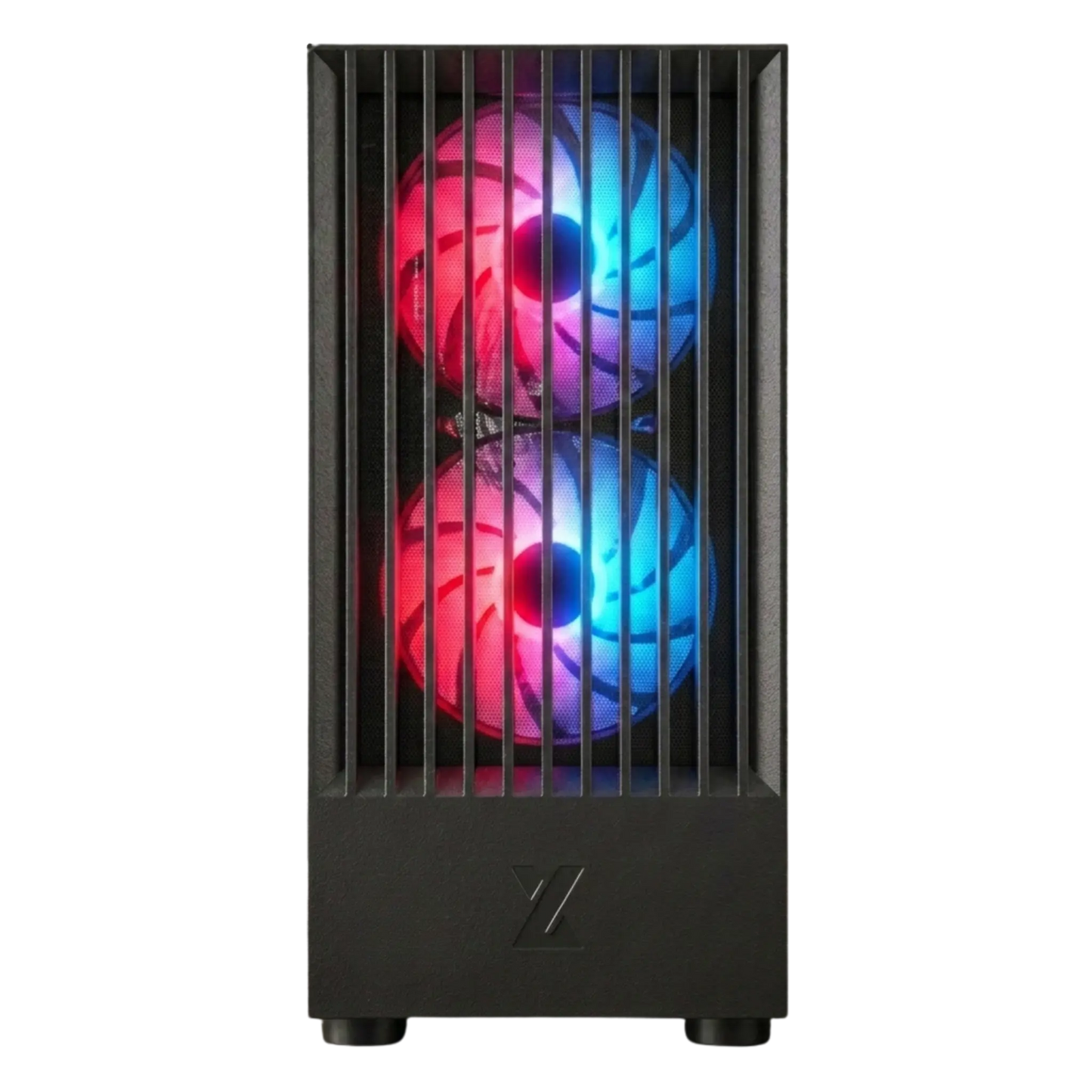 Computer case with dual RGB fans on a white background