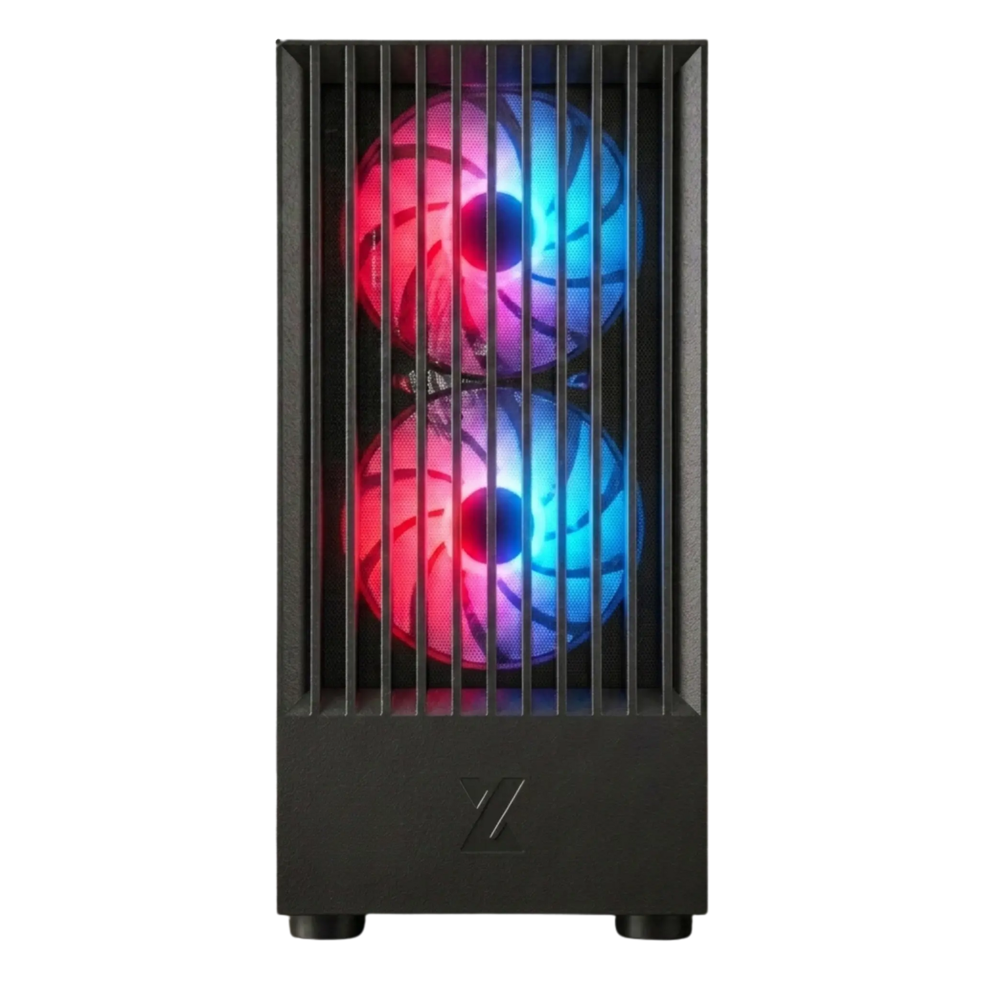 Computer case with dual RGB fans on a white background