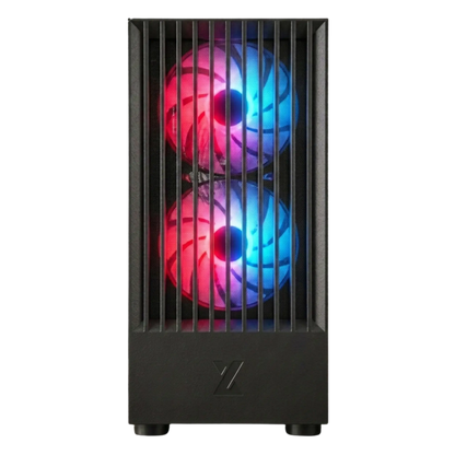Computer case with dual RGB fans on a white background