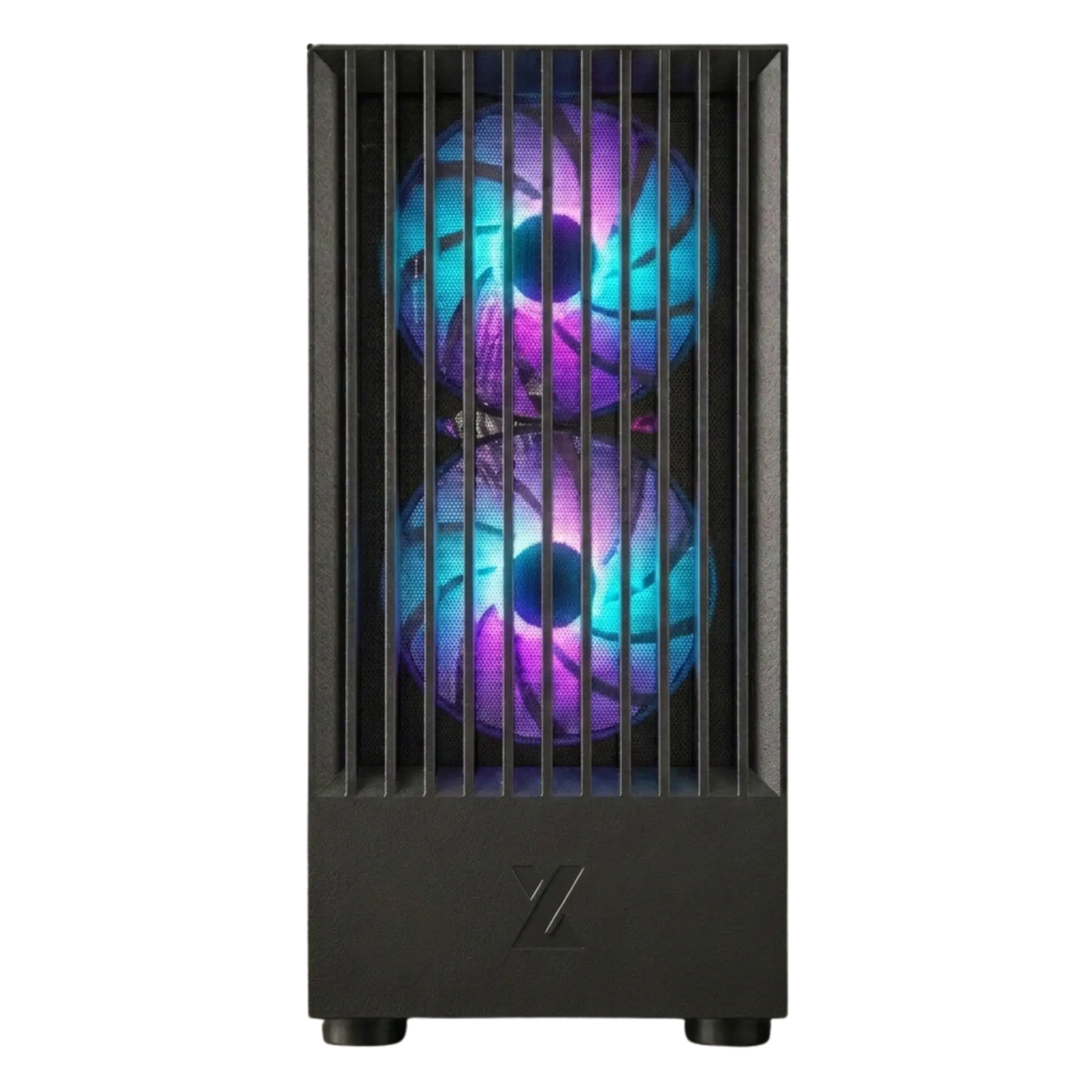 Black computer case with RGB lighting on a white background