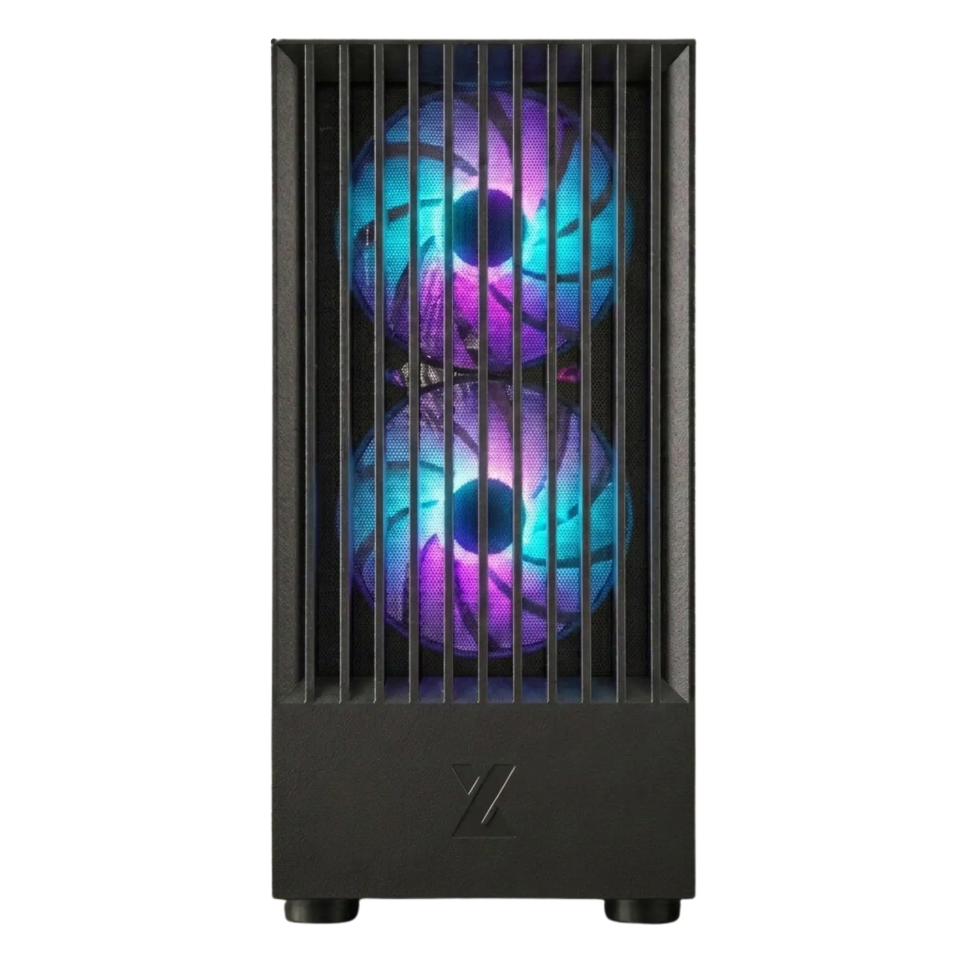 Black computer case with RGB lighting on a white background