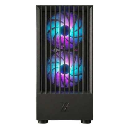 Black computer case with RGB lighting on a white background