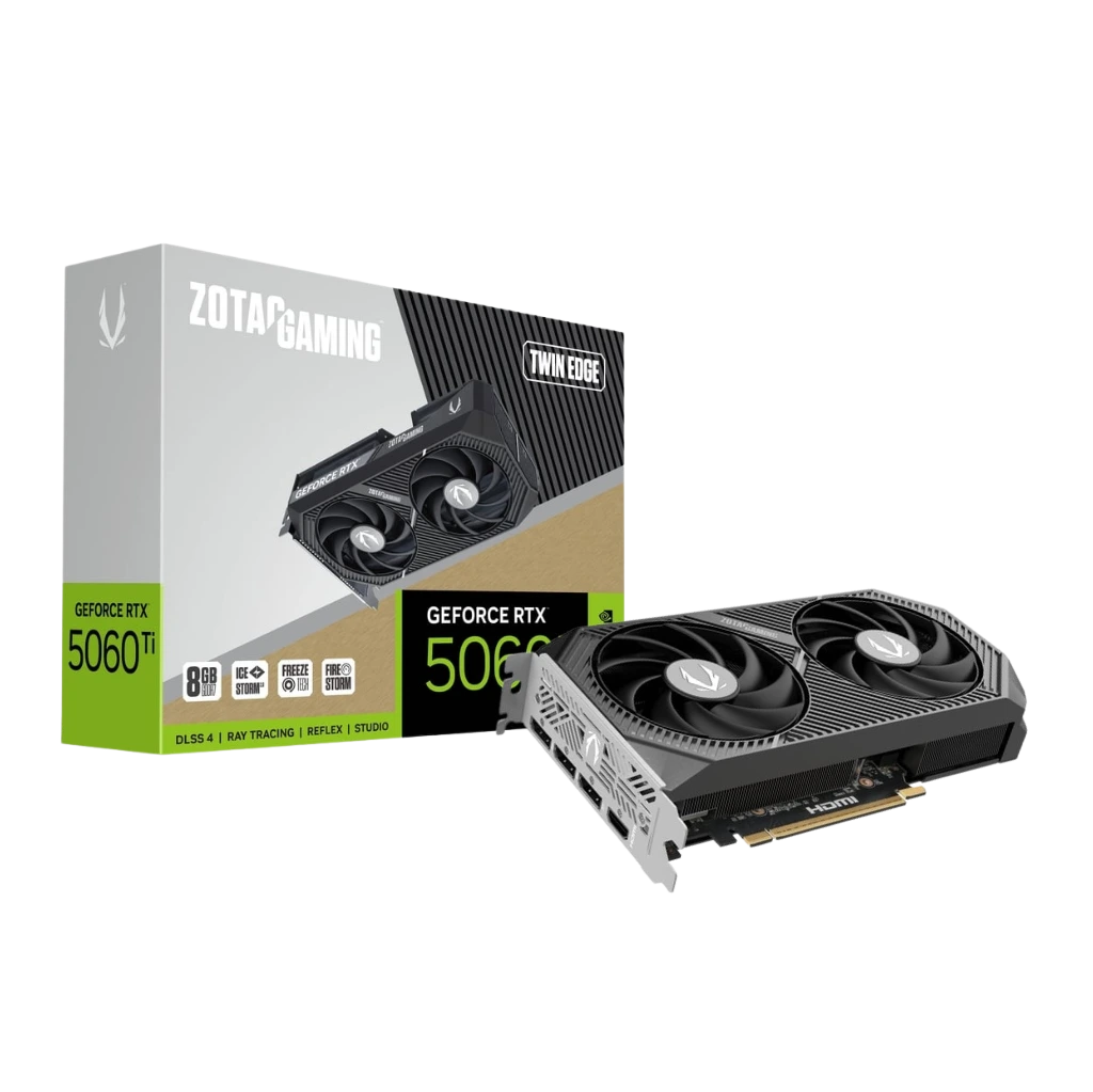 ZOTAC Gaming GeForce RTX 5060 graphics card with packaging on a white background