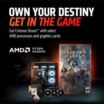 Promotional square banner for an AMD hardware bundle offering the game Crimson Desert with select Ryzen processors and Radeon graphics cards