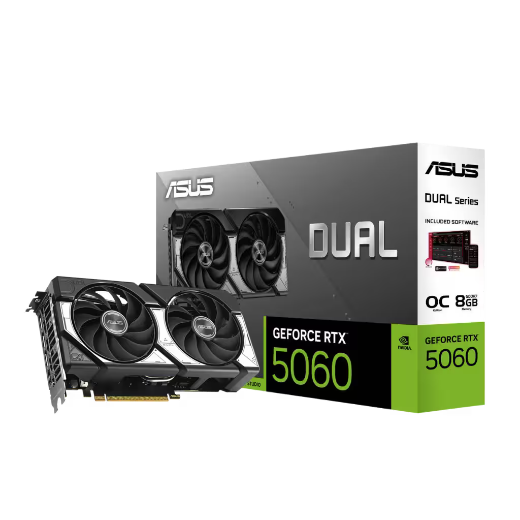 Front view of an ASUS Dual NVIDIA GeForce RTX 5060 8GB graphics card with dual-fan cooling setup