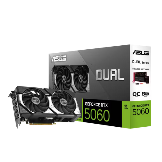 Front view of an ASUS Dual NVIDIA GeForce RTX 5060 8GB graphics card with dual-fan cooling setup
