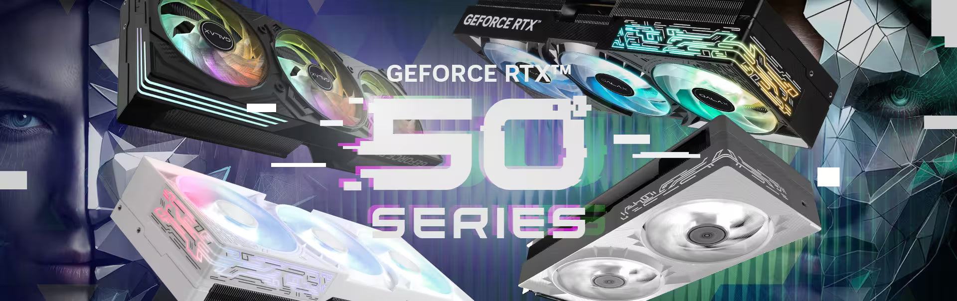 Showcase of four GeForce RTX 50 Series graphics cards in black and white variants with vibrant RGB fans and '50 Series' glitch-effect text