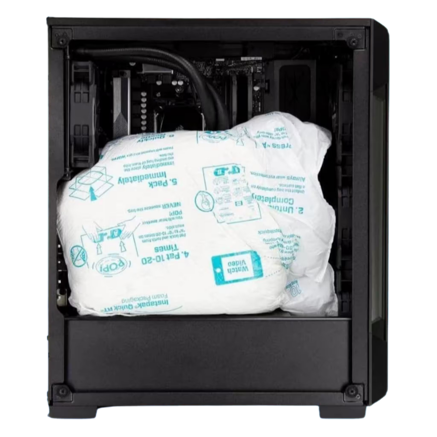 Instapak Instant Mini Foam expanding inside a PC case to protect graphics card during shipping