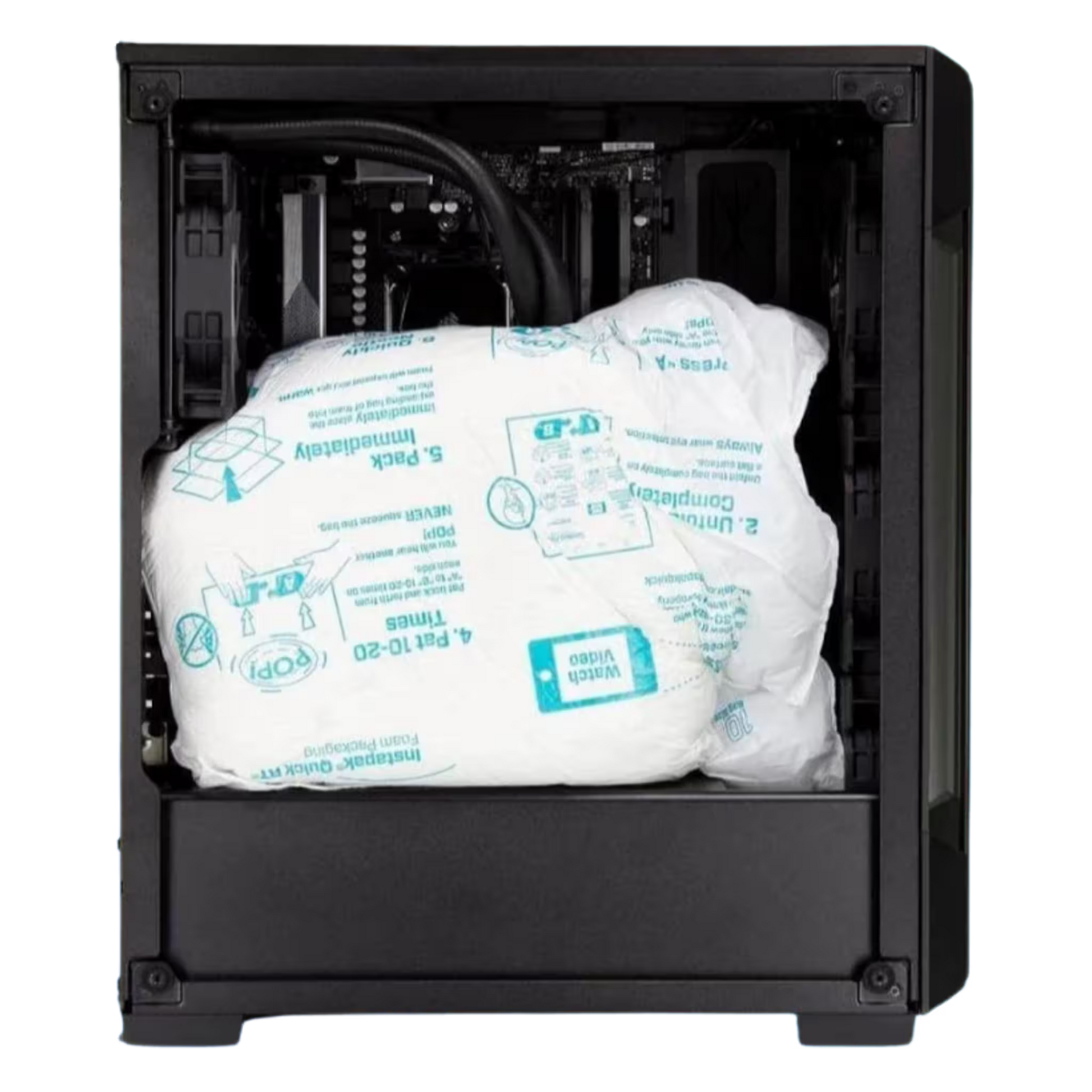 Instapak Instant Mini Foam expanding inside a PC case to protect graphics card during shipping