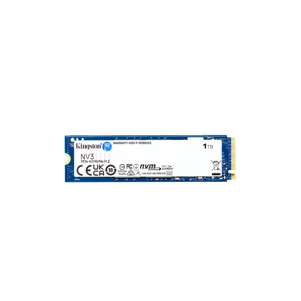 Kingston NV3 2TB M.2 2280 NVMe SSD showing the blue PCB and Gen4 controller without a heatsink