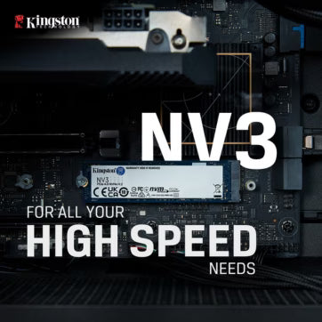 Kingston NV3 PCIe 4.0 NVMe M.2 SSD installed on a black motherboard with text reading NV3 For All Your High Speed Needs