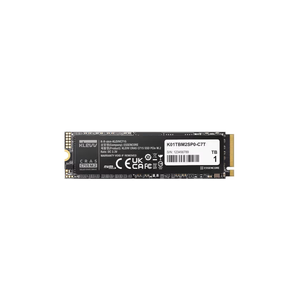 KLEVV CRAS C715 M.2 NVMe SSD featuring a sleek black PCB and speeds up to 3400MB/s