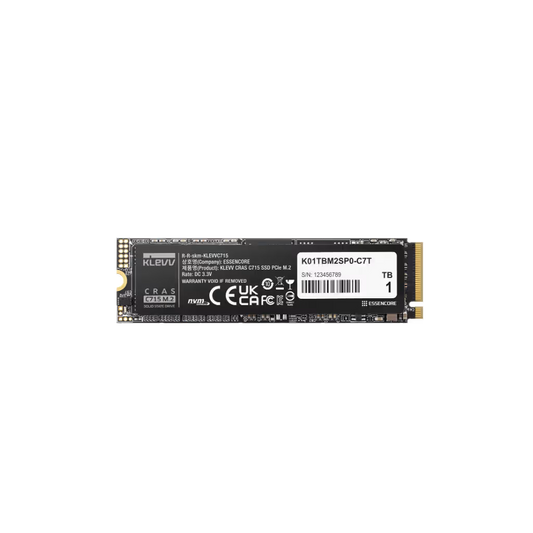KLEVV CRAS C715 M.2 NVMe SSD featuring a sleek black PCB and speeds up to 3400MB/s