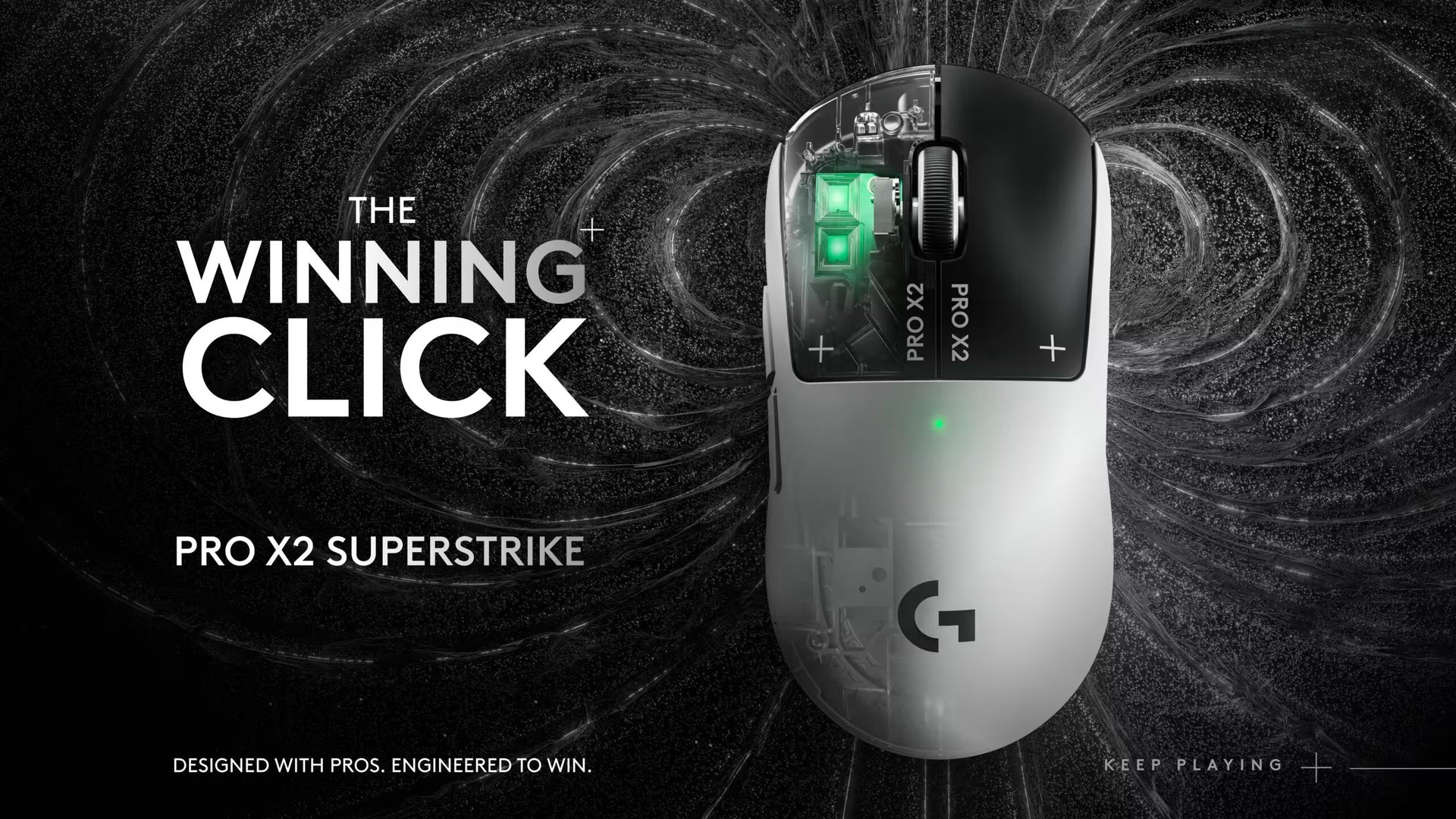 A gaming mouse on a dark textured background with promotional text reading 'THE WINNING CLICK PRO X2 SUPERSTRIKE' and 'DESIGNED WITH PROS, ENGINEERED TO WIN.' The mouse is white and black with a visible green illuminated accent near the scroll area.